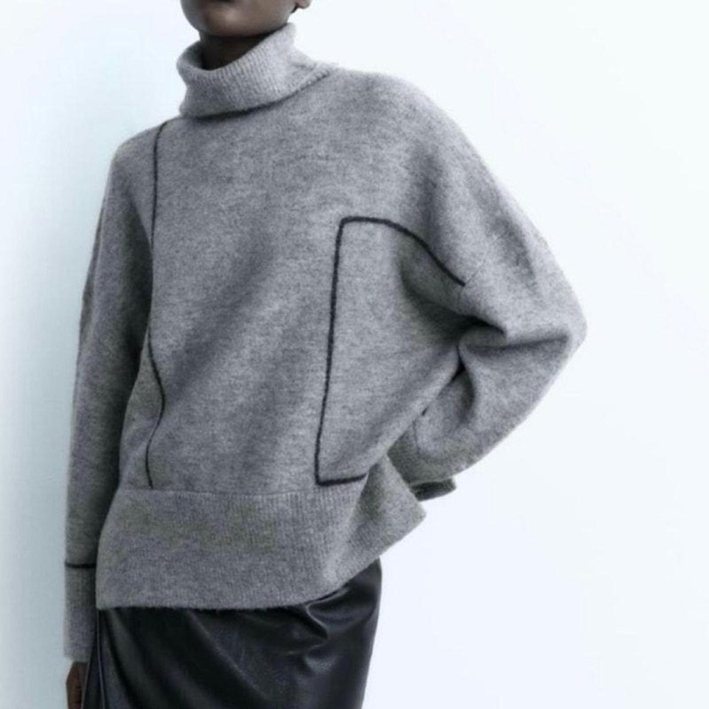 Zara Gray Cowl Neck Sweater with Black Accents